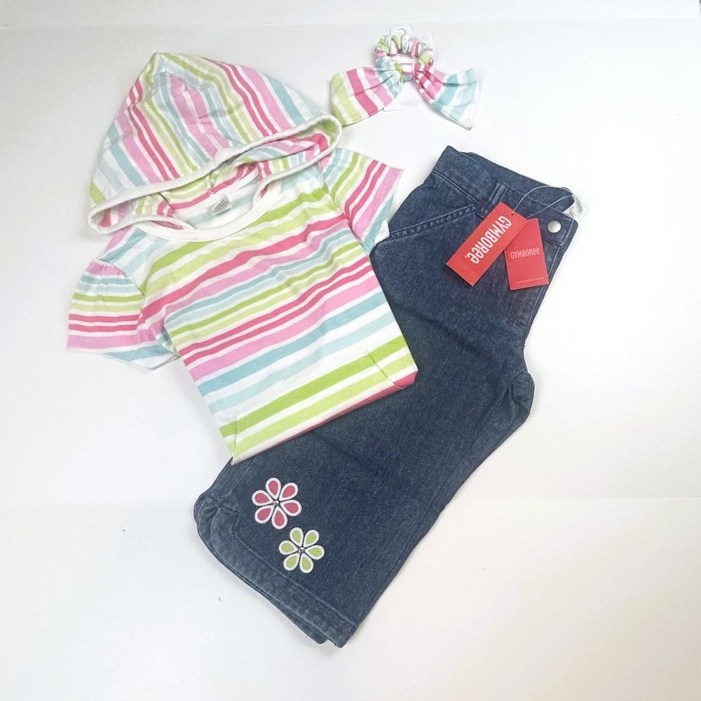 NWT Gymboree Girl Flower Cut-Out Clamdigger, Swing Tee & Matching Scrunchie 9